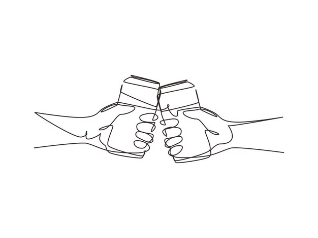 Una pareja de dibujo de línea continua está brindando con lata de aluminio y bebiendo vector de soda.