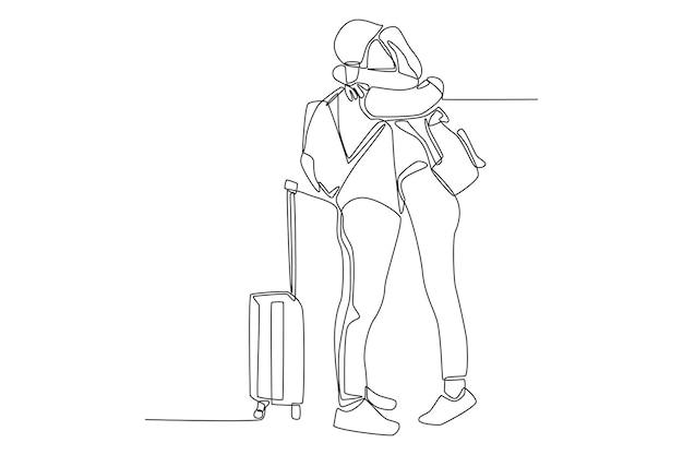 Pareja de dibujo de una sola línea con sus maletas abrazando adiós en el aeropuerto concepto de actividad del aeropuerto ilustración de vector gráfico de diseño de dibujo de línea continua