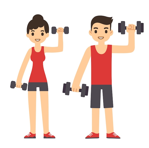 Pareja de dibujos animados lindo con pesas trabajando. Estilo plano moderno y sencillo.