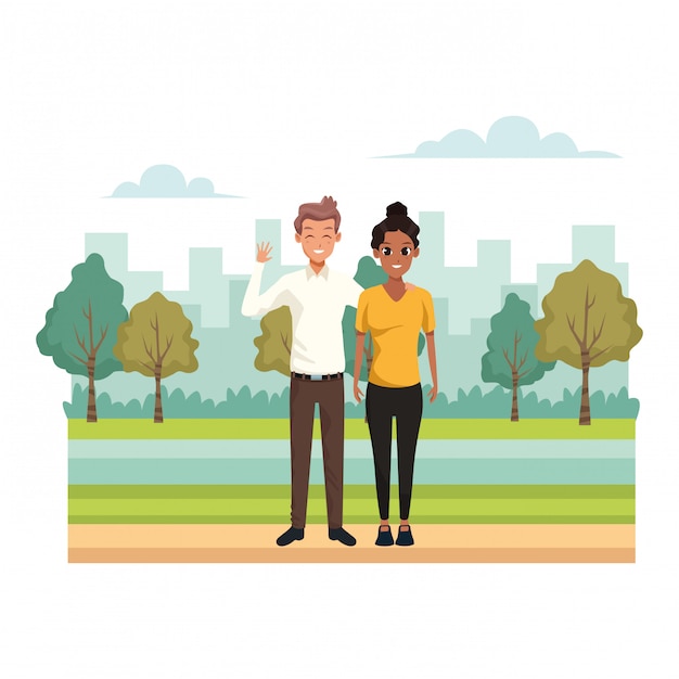 Pareja de dibujos animados en el parque