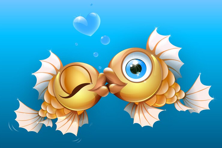 Vector pareja de dibujos animados peces dorados beso con burbujas de corazón tarjeta de san valentín