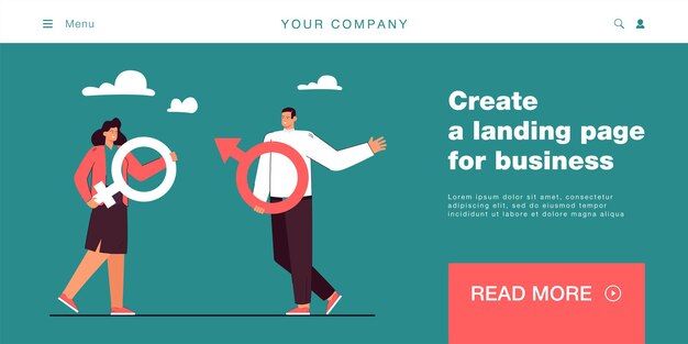 Pareja de dibujos animados con símbolos masculinos y femeninos. Hombre y mujer con ilustración de vector plano de símbolos de género. Igualdad de género, concepto de comunicación para banner, diseño de sitios web o página web de destino