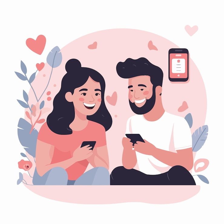 Vector una pareja divertida y alegre tiene una llamada de video virtual con un amigo en casa.