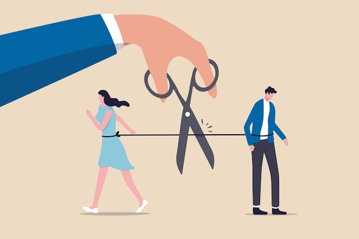 Vector pareja divorciada, separación del concepto de fin de relación del matrimonio roto, mano usando tijeras para cortar la cuerda para destrozar a la pareja, problemas al hombre y la mujer con la emoción de tristeza.