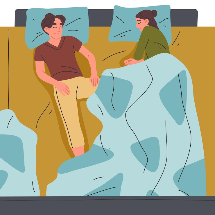 Vector pareja dormida acostada en la cama descansando a la gente cansada personajes soñolientos en la cama ilustración vectorial plana aislada sobre fondo blanco