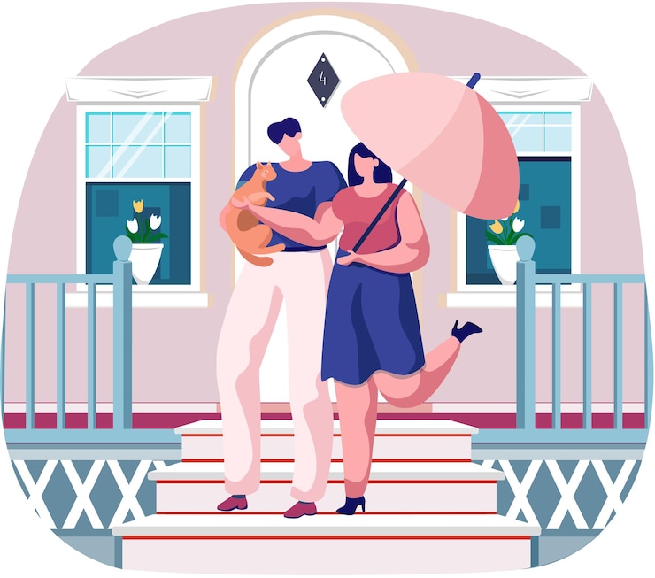 Vector pareja de dueños de mascotas sosteniendo un gato pelirrojo en las manos bajando las escaleras gente feliz caminando con un gatito y un paraguas al aire libre el hombre y la mujer están pasando tiempo libre con un lindo gatito animal doméstico
