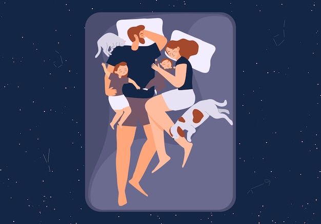 Vector pareja duerme con niños y mascota ilustración