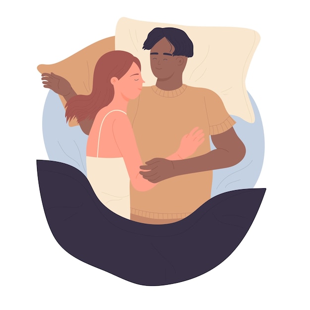 Vector pareja durmiendo en la cama soñando juntos en la ilustración de vector de hora de dormir del dormitorio