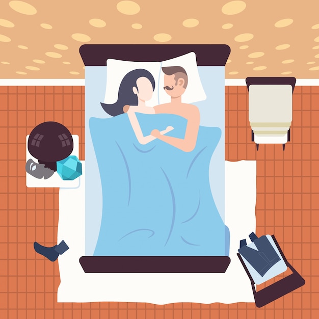 Pareja durmiendo juntos hombre mujer acostada abrazando en la cama dormitorio moderno interior femenino masculino personajes de dibujos animados vista de ángulo superior