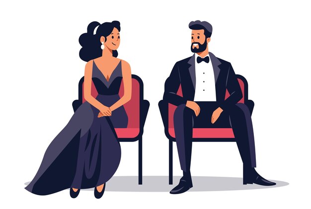 Una pareja elegante en un evento teatral vestida formalmente sentada en sillas rojas una mujer en vestido de noche un hombre en tuxedo aislado sobre un fondo blanco