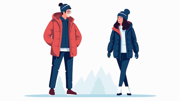 Una pareja elegante de pie con trajes de invierno sobre un fondo blanco