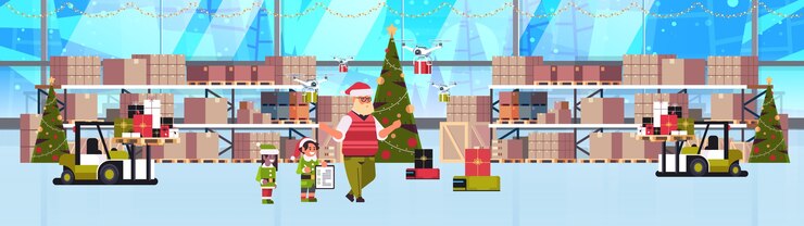 Vector pareja de elfos ayudantes de santa claus trabajando juntos con cajas de regalo presentes en el interior del almacén moderno concepto de celebración de vacaciones de navidad