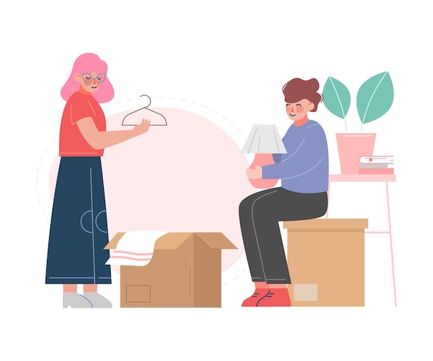 Vector una pareja empacando pertenencias en cajas de cartón un joven y una mujer se mudan a un nuevo hogar ilustración vectorial