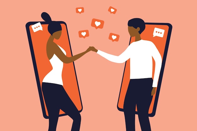 Pareja enamorada de aplicaciones de teléfonos inteligentes de citas en línea ilustración vectorial Concepto de citas en línea