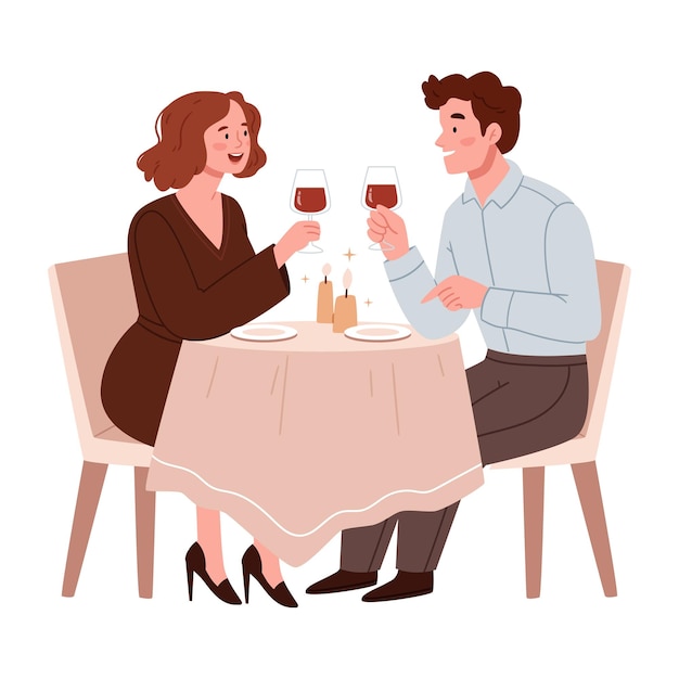 Una pareja enamorada bebe vino en un restaurante a la luz de las velas un hombre y una mujer felices sentados a la mesa y comunicándose en un café