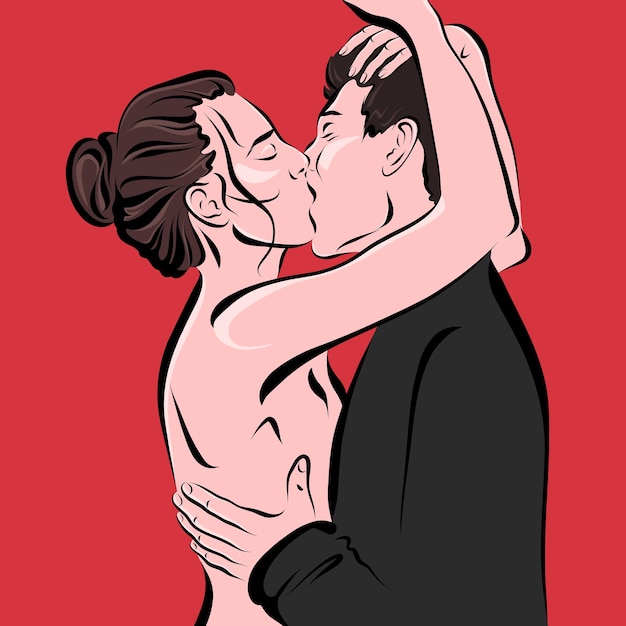 La pareja enamorada se besa y se abraza. Ilustración de dibujos animados brillantes de dos personas amorosas