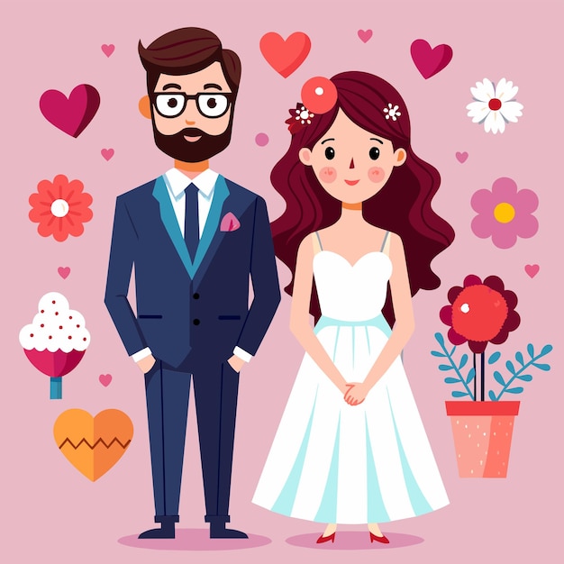 Una pareja enamorada con un fondo rosa con corazones y una pareja enamorada