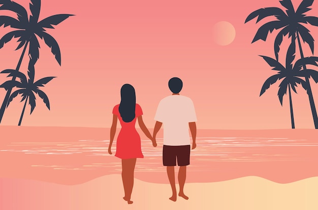 Vector pareja enamorada holidng mano en la playa vista de fondo ilustración vectorial feliz san valentín