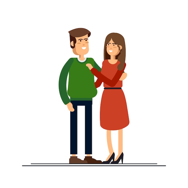 Pareja enamorada hombre y mujer abrazándose cariñosamente personajes para la fiesta de san valentín ilustración vectorial en estilo de dibujos animados