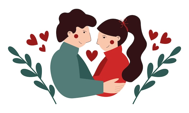Pareja enamorada con ilustración vectorial de corazones
