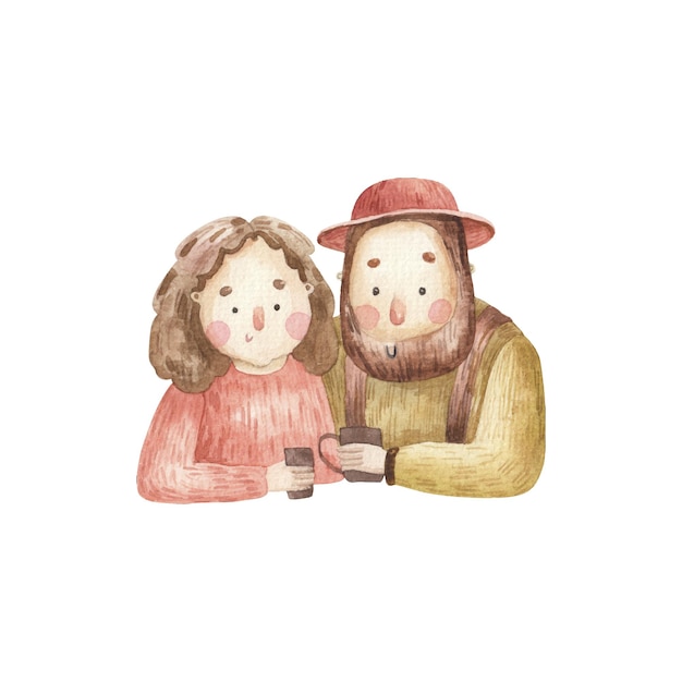 Pareja enamorada, linda ilustración infantil de acuarela