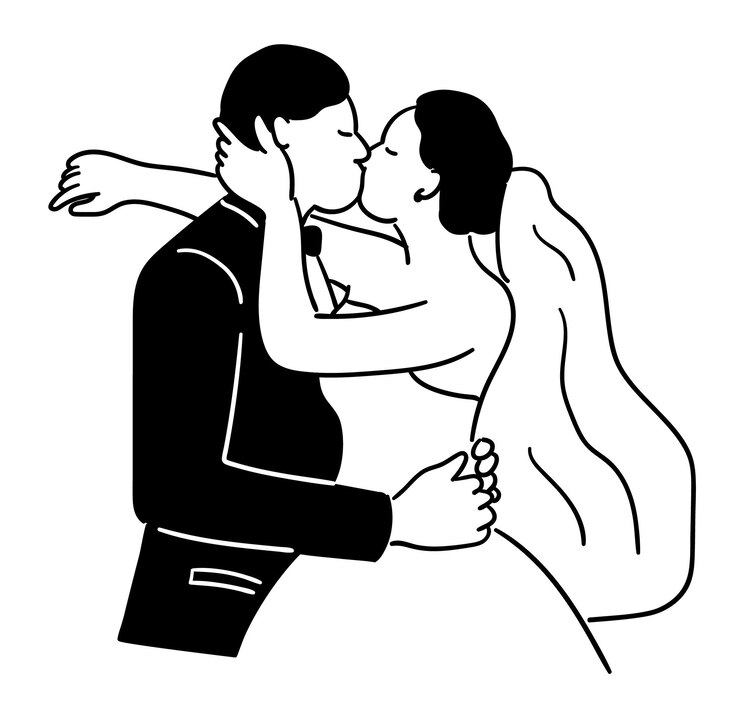 Vector una pareja enamorada, la novia y el novio se besan el día de su boda.