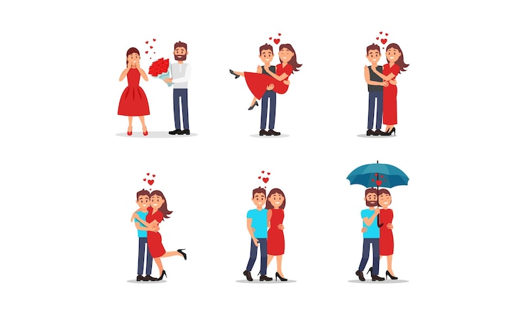 Vector pareja enamorada el uno del otro conjunto vectorial concepto romántico de citas hombre regalando a la mujer un ramo de flores hombre cargando a la mujer en las manos pareja caminando bajo un paraguas