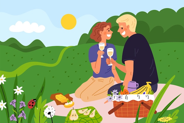 Una pareja enamorada en un picnic Un chico y una chica bebiendo vino blanco en la naturaleza La gente pasa tiempo juntos Cena romántica en el parque Cesta de mimbre de comida Paisaje de prado Concepto vectorial llamativo