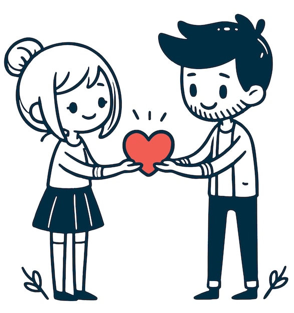 Una pareja enamorada que sostiene un corazón juntos exhibido en un sencillo arte vectorial al estilo de dibujos animados