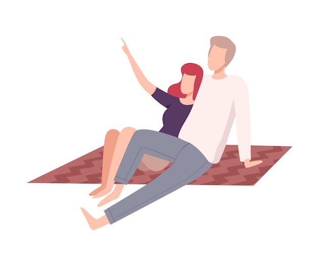 Pareja enamorada relajándose al aire libre Hombre y mujer personajes sentados en una manta Ilustración vectorial plana
