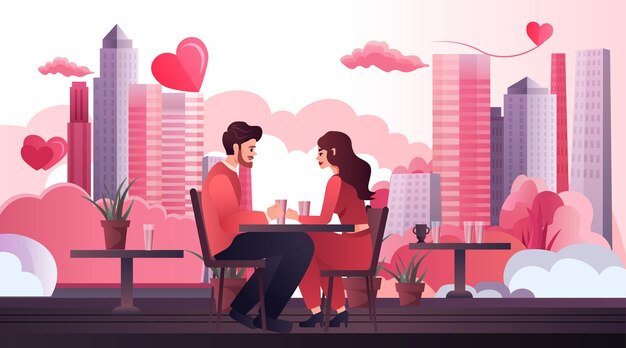 Vector pareja enamorada sentada en una mesa de café feliz día de san valentín celebración concepto paisaje urbano fondo longitud horizontal completa