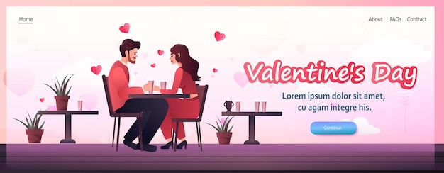 Vector pareja enamorada sentada en la mesa de la cafetería feliz día de san valentín celebración concepto de copia de espacio de longitud horizontal completa