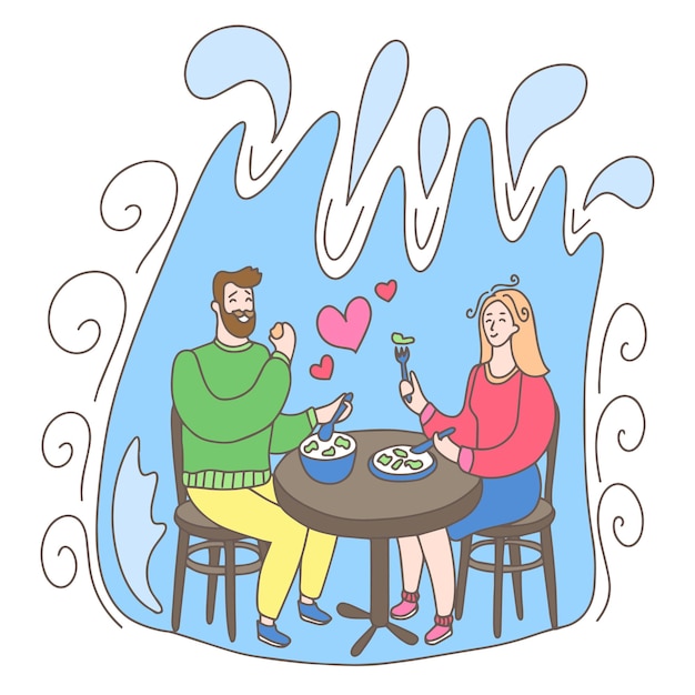 Vector una pareja enamorada está sentada en una mesa y comiendo.