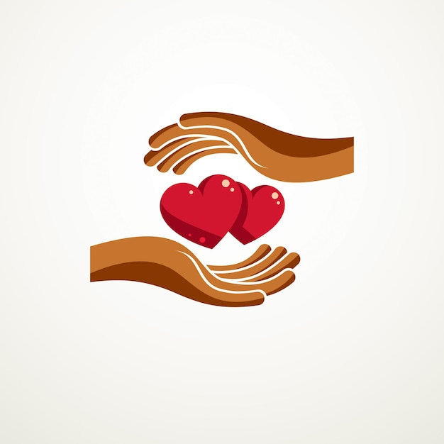 Pareja enamorada simple vector logo o icono creado con corazones rojos brillantes y manos protectoras. relación tierna y amorosa de hombre y mujer, novio y novia.