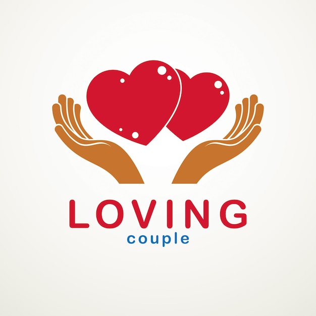 Pareja enamorada simple vector logo o icono creado con corazones rojos brillantes y manos protectoras. relación tierna y amorosa de hombre y mujer, novio y novia.