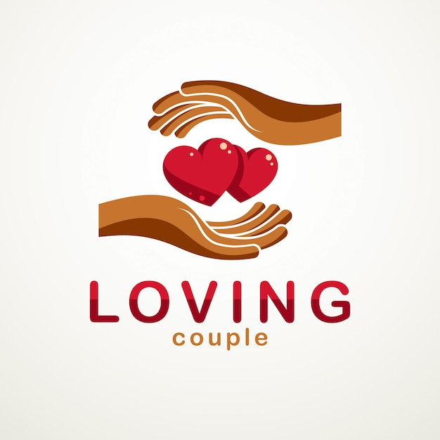 Pareja enamorada simple vector logo o icono creado con corazones rojos brillantes y manos protectoras. Relación tierna y amorosa de hombre y mujer, novio y novia.