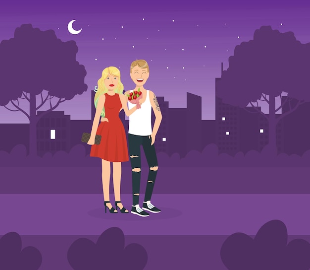 Pareja enamorada teniendo una cita por la noche Pareja feliz y enamorada en una cita romántica Ilustración vectorial