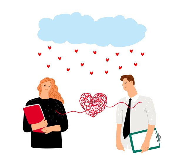 Vector pareja de enamorados atados al corazón. personajes de pareja de romance enamorado, corazones de lluvia. ilustración de vector de día de san valentín