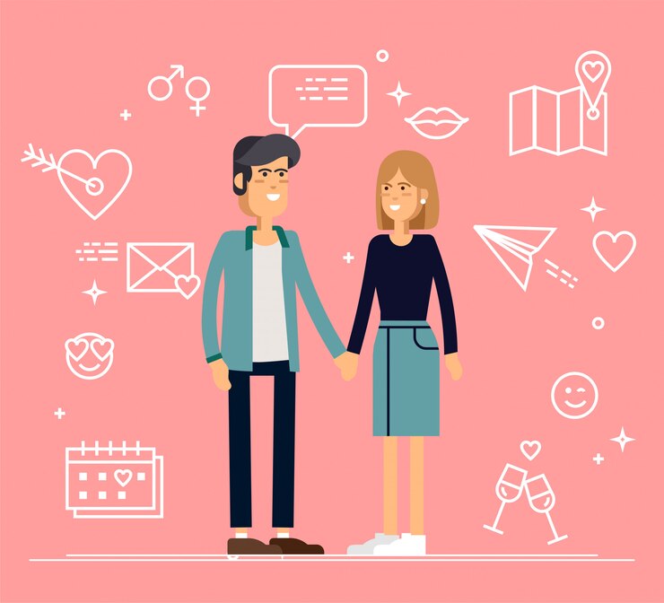Pareja de enamorados con elementos de San Valentín en rosa