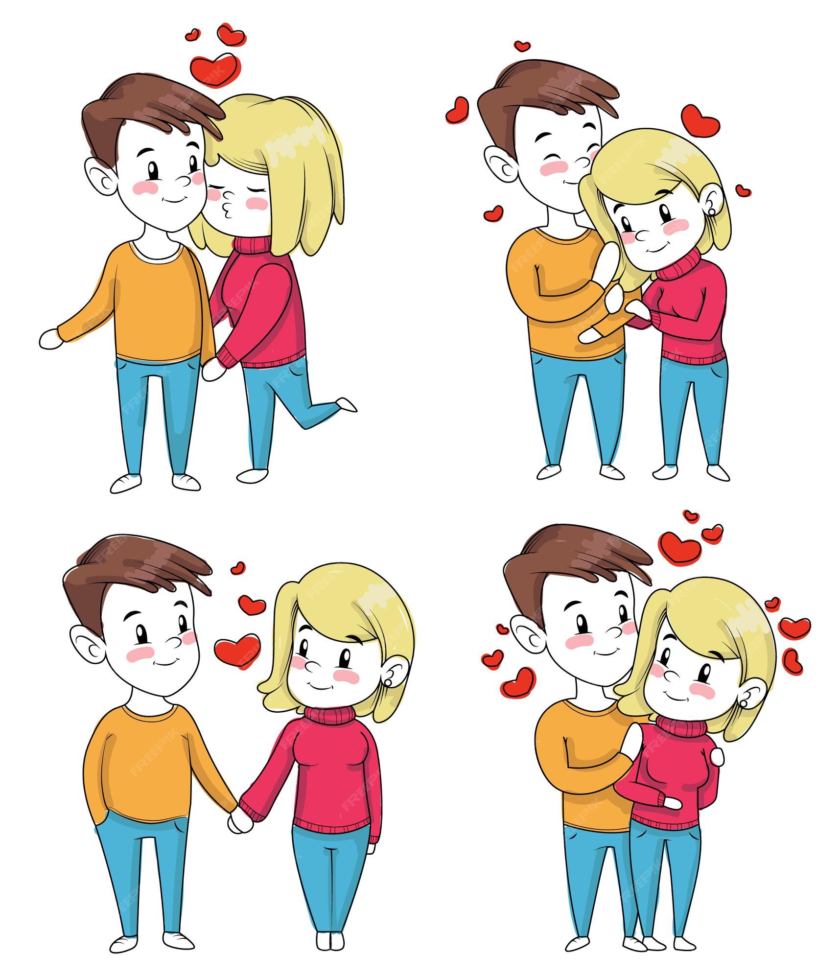 Pareja de enamorados en estilo de dibujos animados en un abrazo y de la  mano | Vector Premium