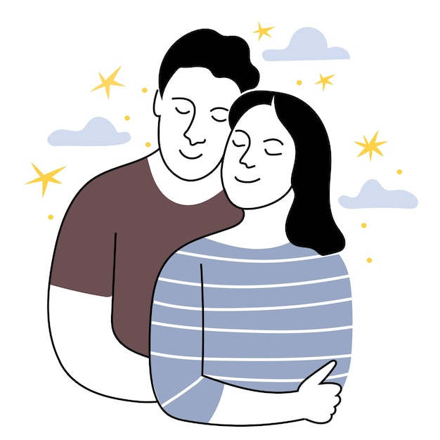 Pareja de enamorados en un estilo lineal.Un hombre abraza a una mujer Ilustración monocroma suave Fecha joven cou