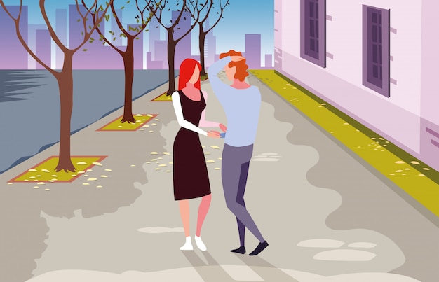 Vector pareja de enamorados paseando por la ciudad