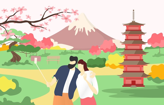 Una pareja encantadora europea hace una foto selfie japón estilo asiático templo paisaje monte fuji ilustración vectorial plana aislada en blanco