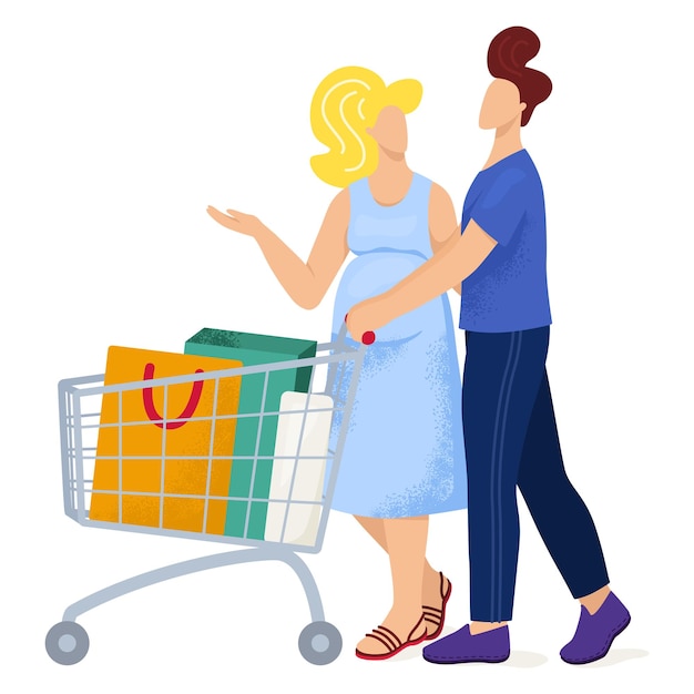 Pareja encantadora marido hombre mujer esposa caminando supermercado carril centro comercial compras mujer embarazada piso