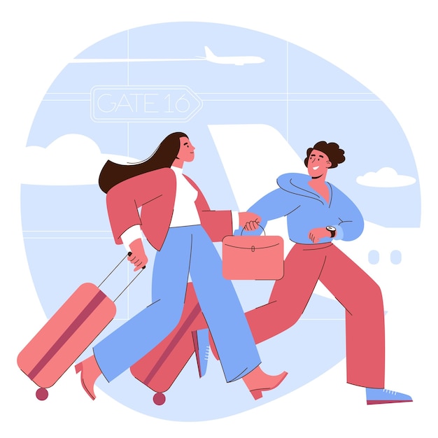La pareja está corriendo apresuradamente para abordar.