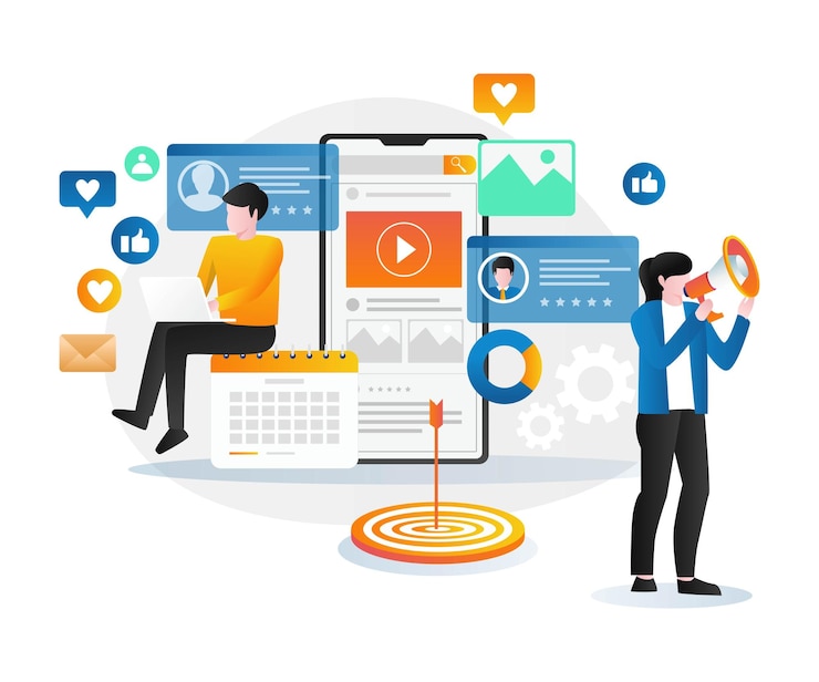 Vector una pareja está haciendo una estrategia de marketing en redes sociales.