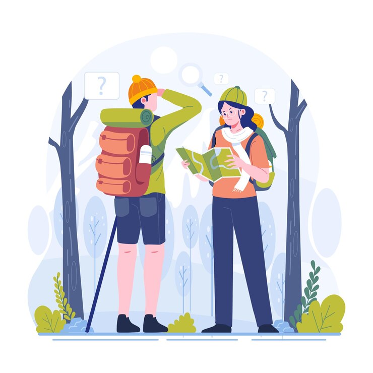 Una pareja está leyendo un mapa mientras caminan por una montaña
