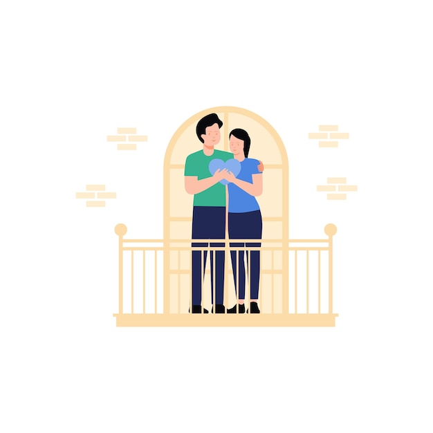 La pareja está de pie en el balcón.