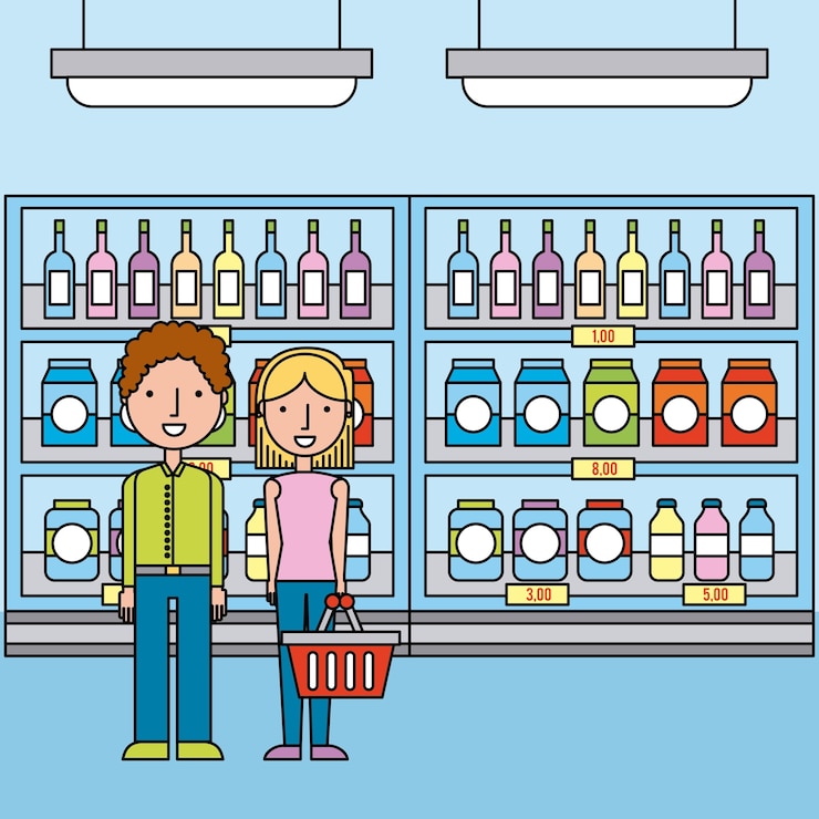 Vector pareja en estanterías de supermercado con botellas y cajas de bebidas