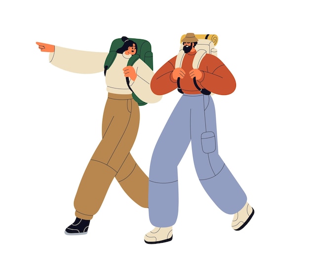 Una pareja de excursionistas caminando turistas caminando con mochilas campistas en viajes de aventura de senderismo hombre y mujer mochileros explorando ilustración vectorial plana aislada sobre fondo blanco